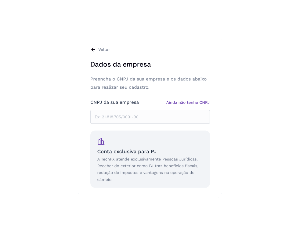 Tela de onboarding TechFX